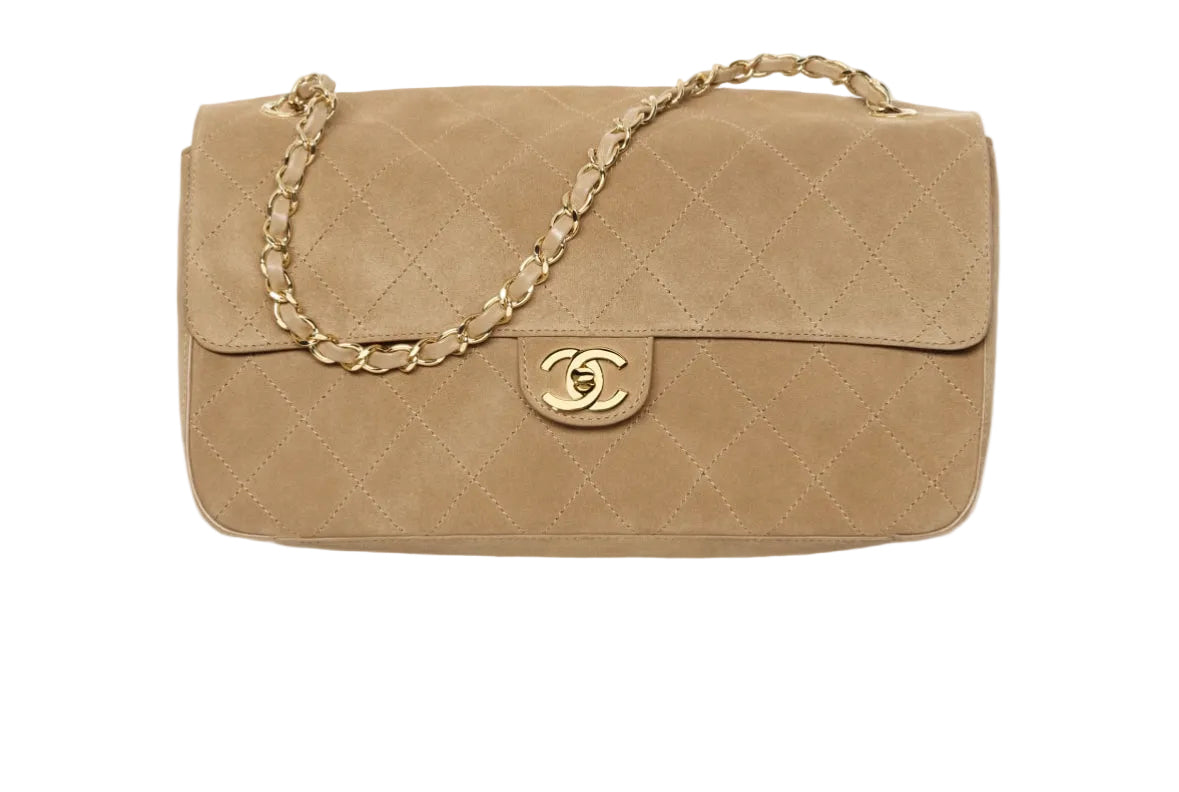 Beige handbag with gold chain and logo on a white background