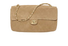 Beige handbag with gold chain and logo on a white background