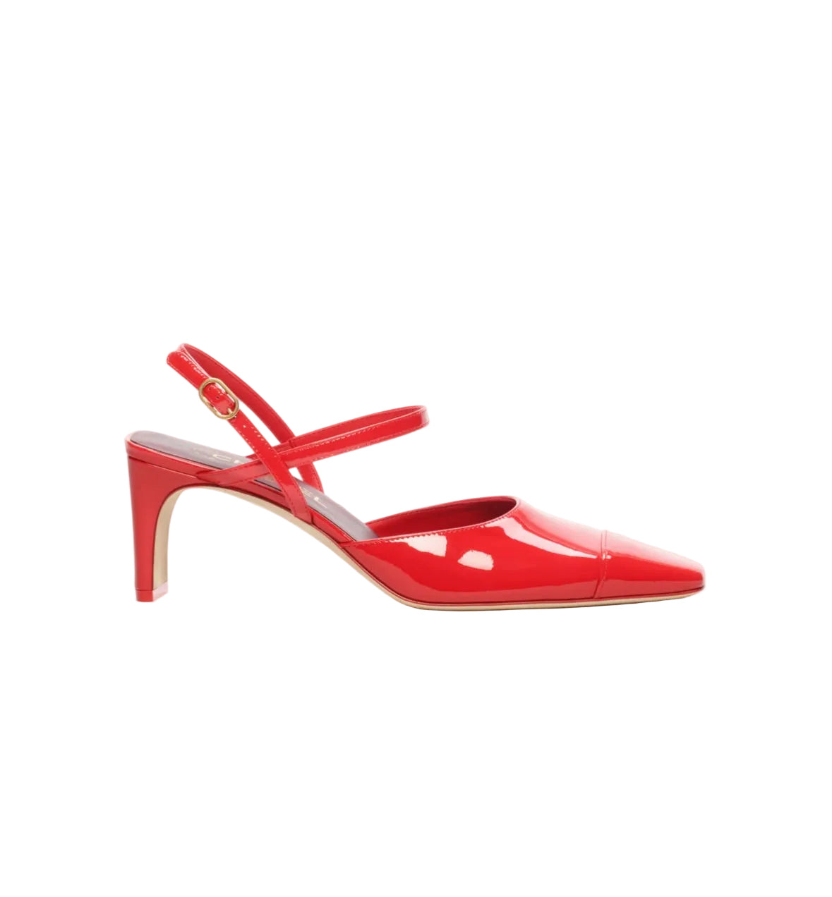 Red high-heeled shoe with a slingback design on a white background