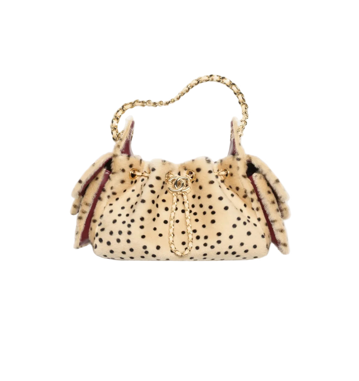 Small handbag with a cheetah print pattern on a white background