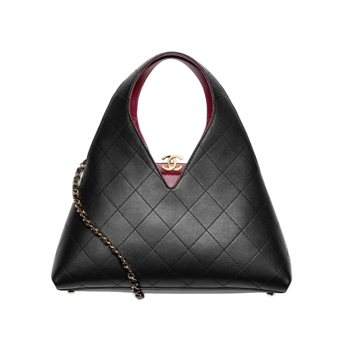 Black quilted handbag with gold chain detail on a white background