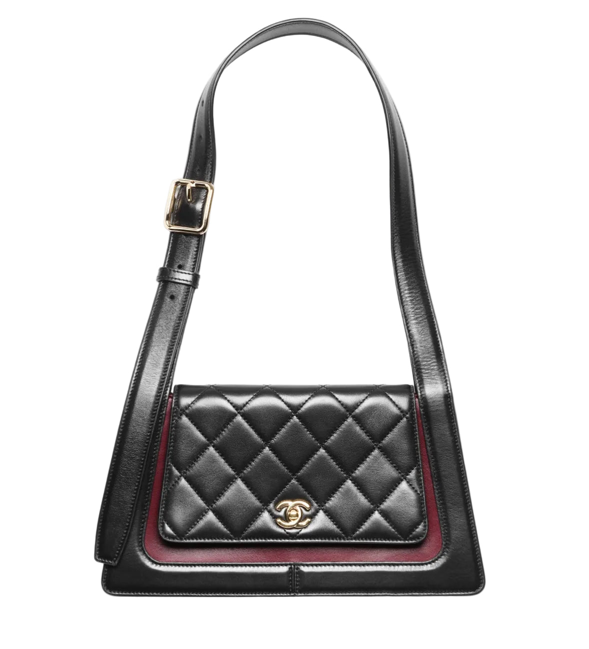 Black quilted handbag with a gold buckle on a white background