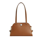 Brown handbag with a silver clasp on a light beige background
