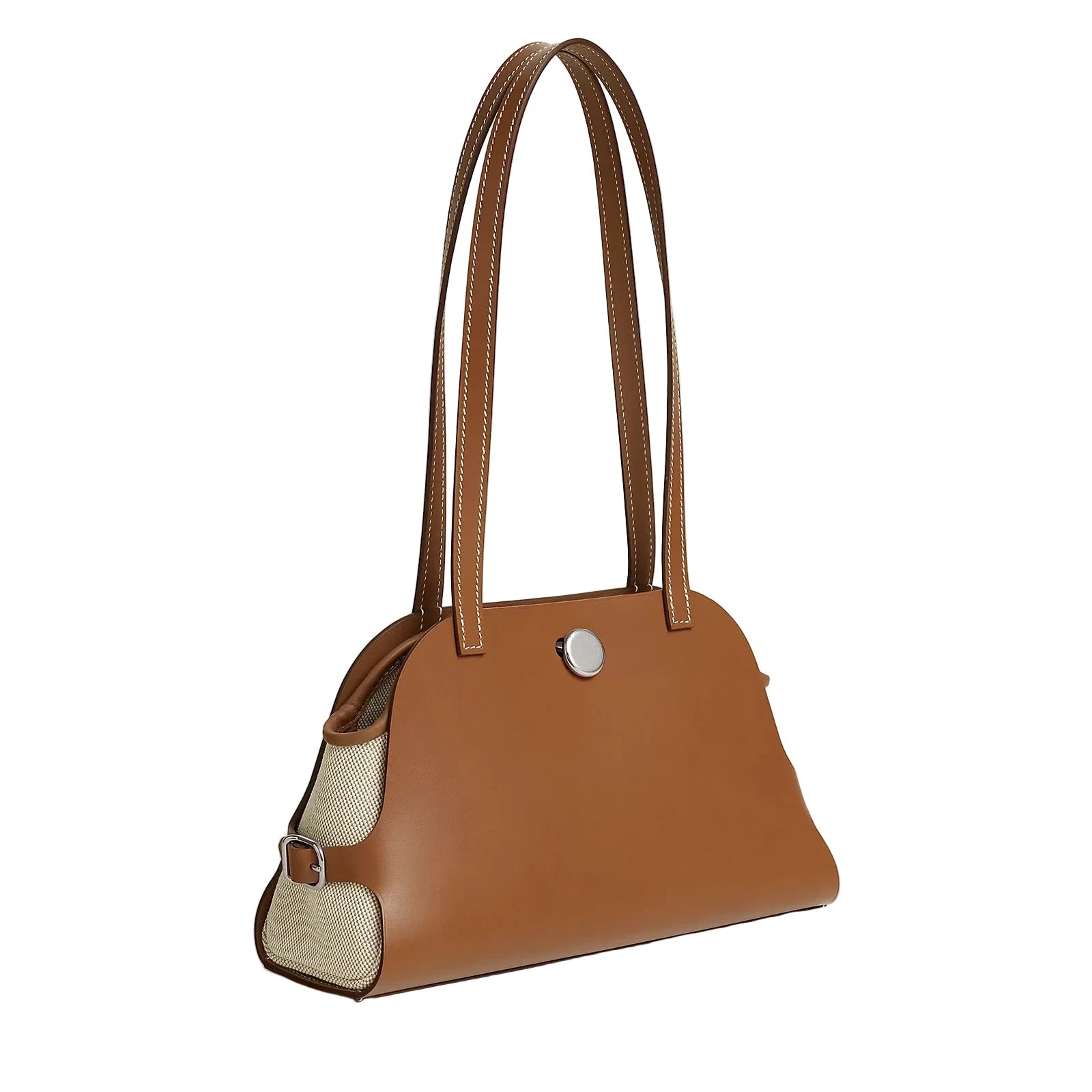 Brown handbag with beige interior on a light beige background