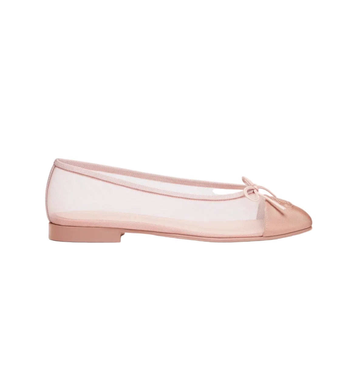 Pink flat shoe with a bow on a white background