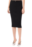 Black pencil skirt worn by a person on a white background