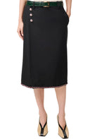 Black pencil skirt with decorative buttons and trim on a white background