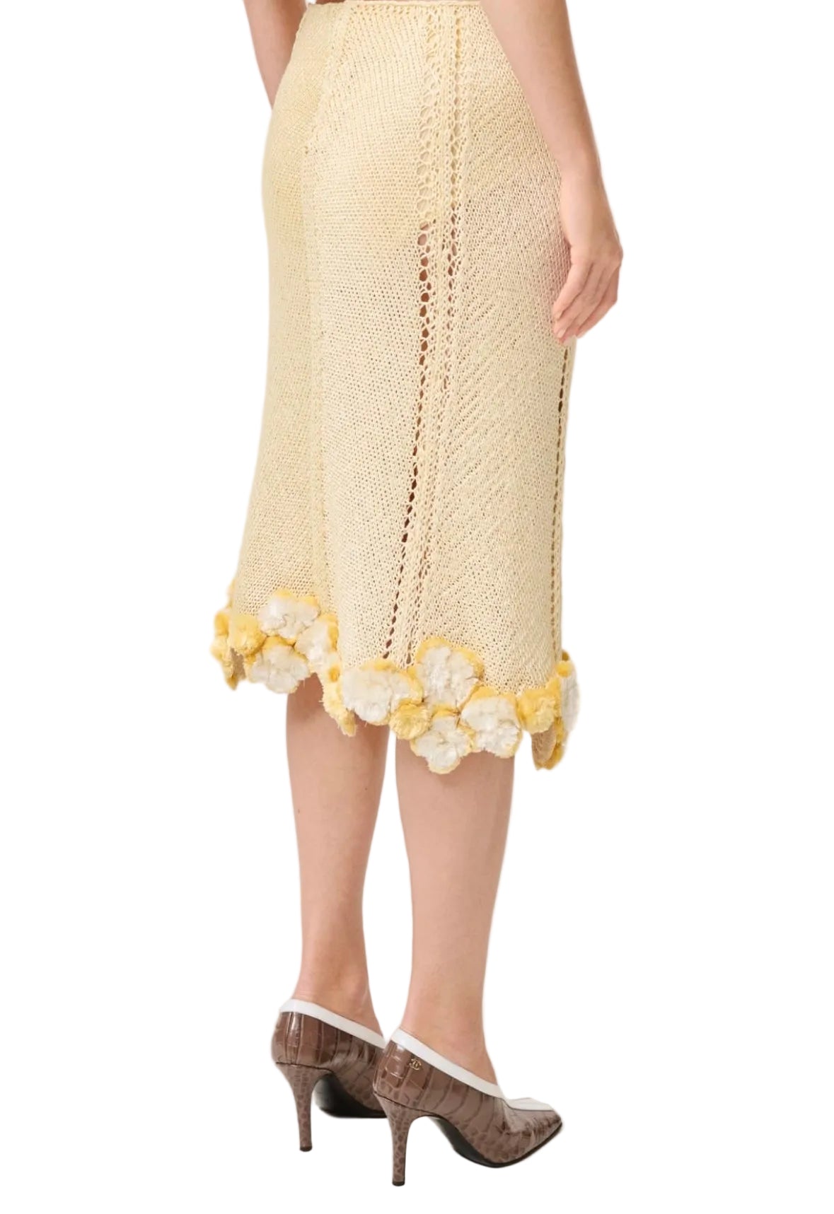 Beige lace skirt with floral details on a white background