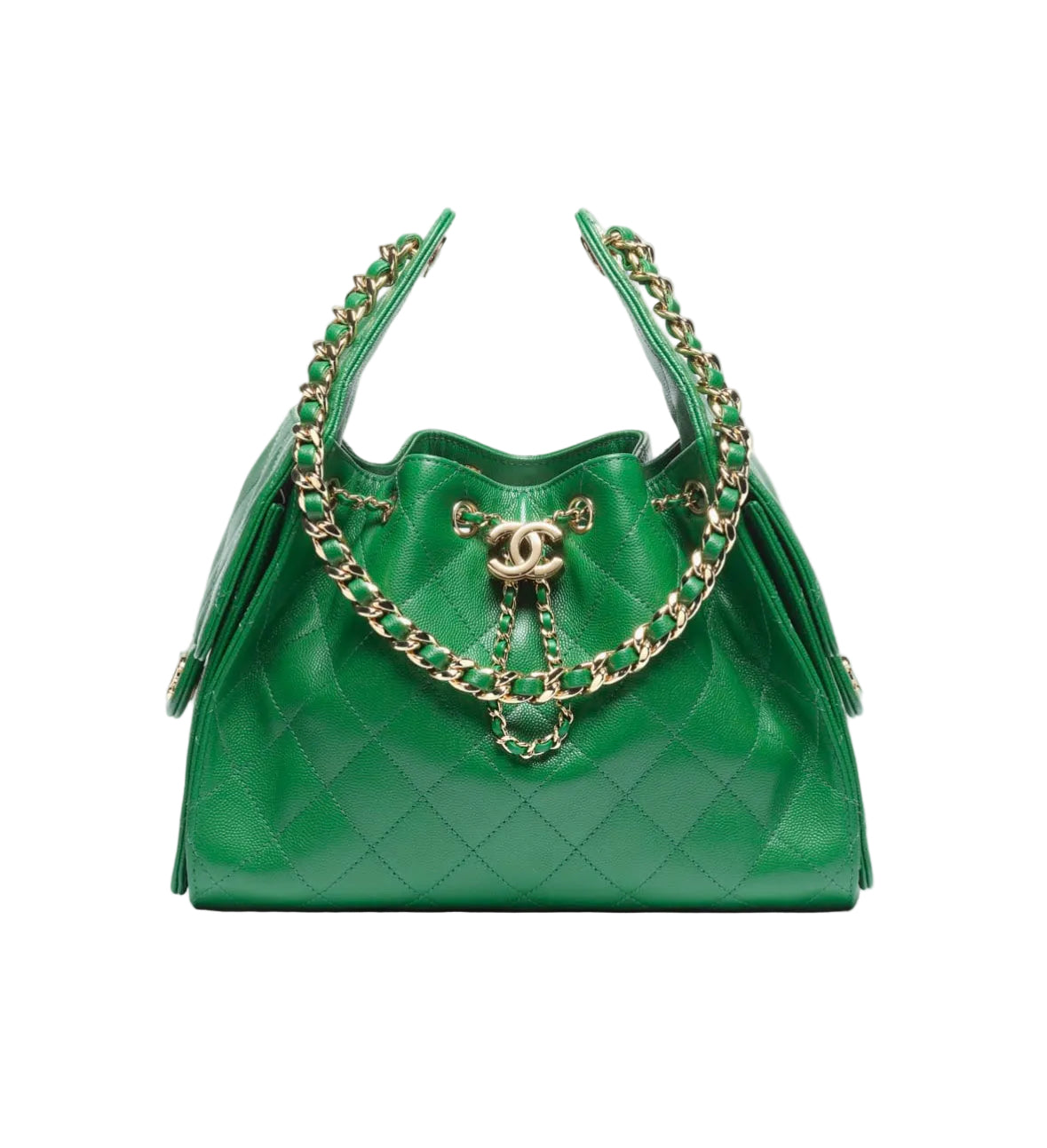 Green quilted handbag with gold chain detail on a white background