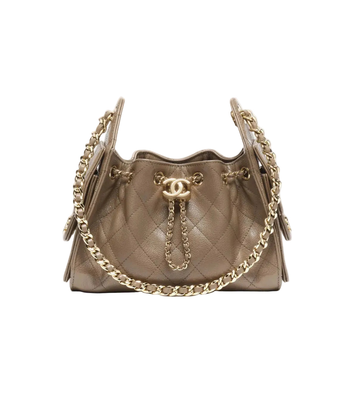 Beige quilted handbag with gold chain detail on a white background