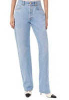 Light blue jeans worn by a person on a white background