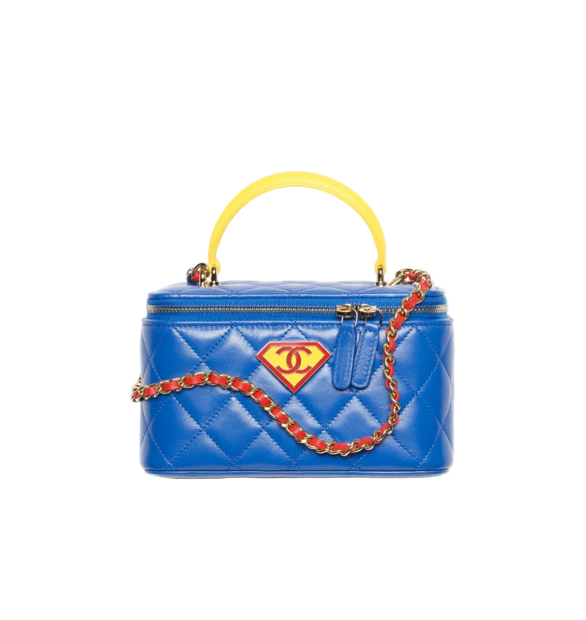 Blue handbag with a yellow handle and red chain strap on a white background