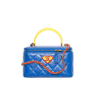 Blue handbag with a yellow handle and red chain strap on a white background