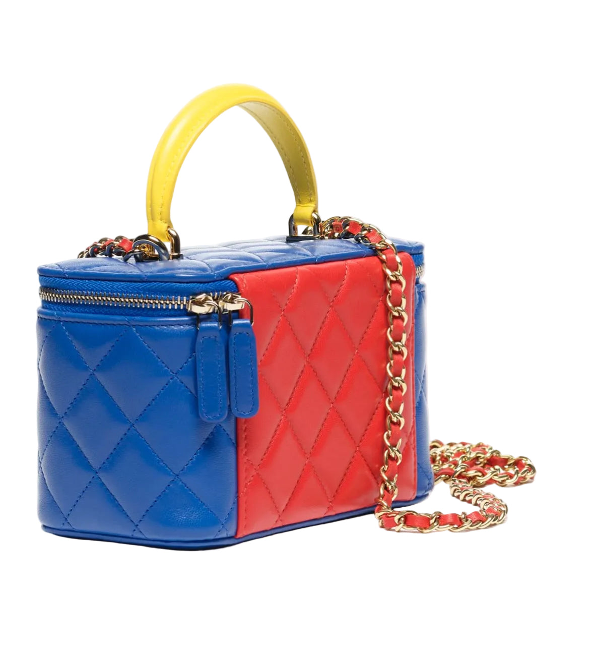 Color-blocked handbag with blue and red design on a white background