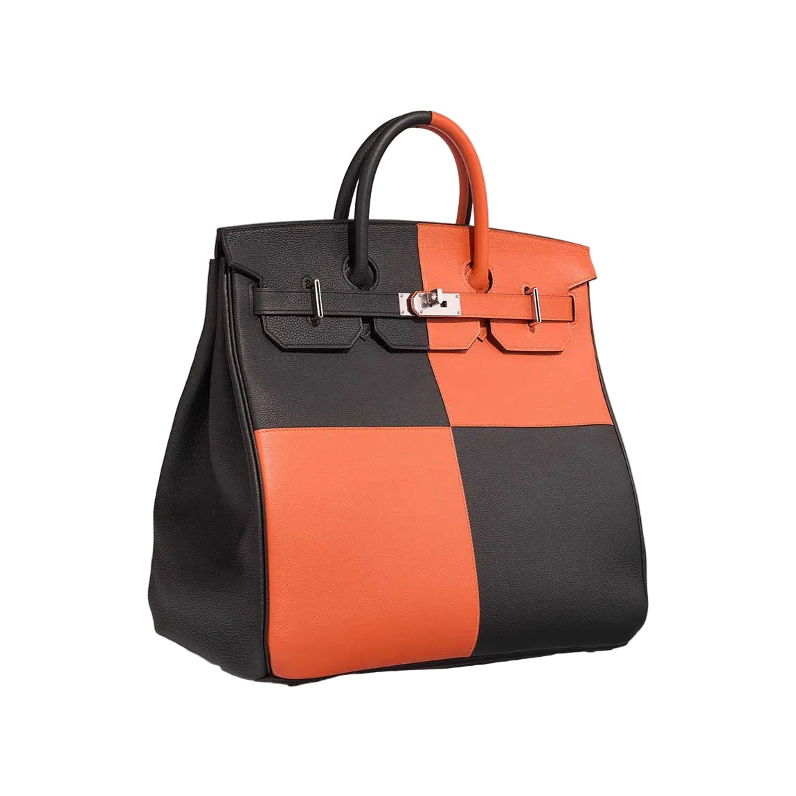 Black and orange handbag on a white background