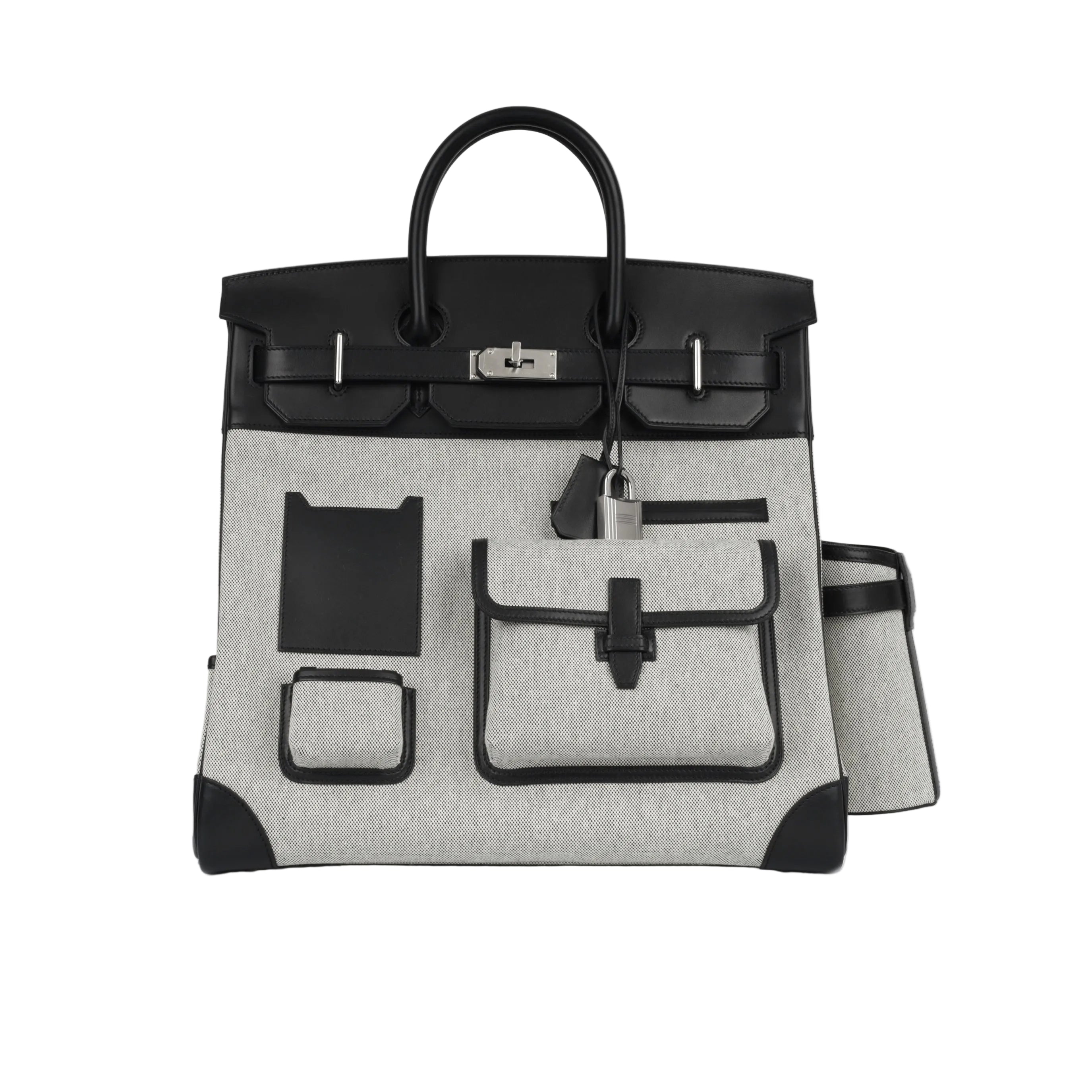 Black and gray handbag with visible brand logo on a white background