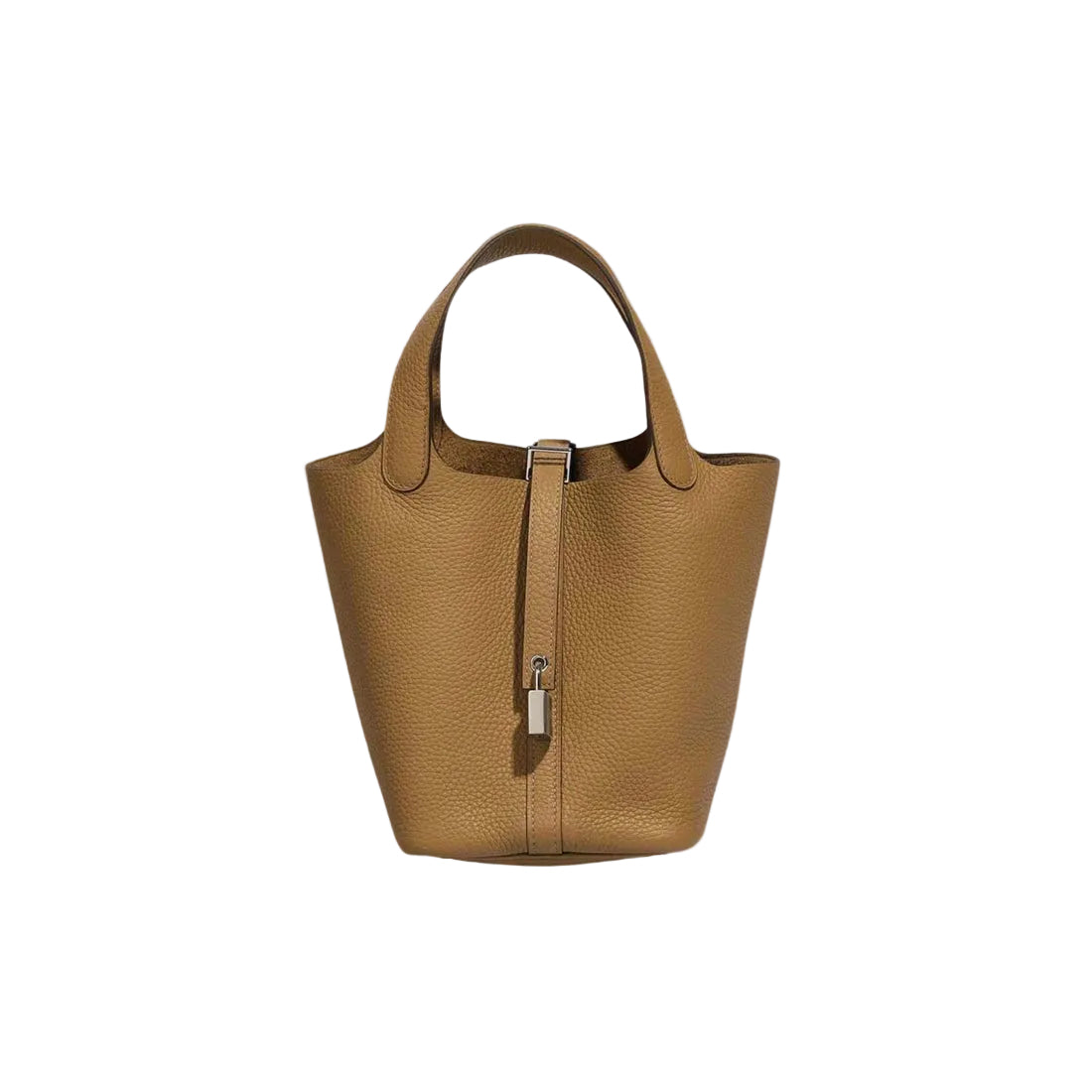 A tan pebbled leather bucket bag with dual top handles and a front zipper closure, shown against a light gray background.