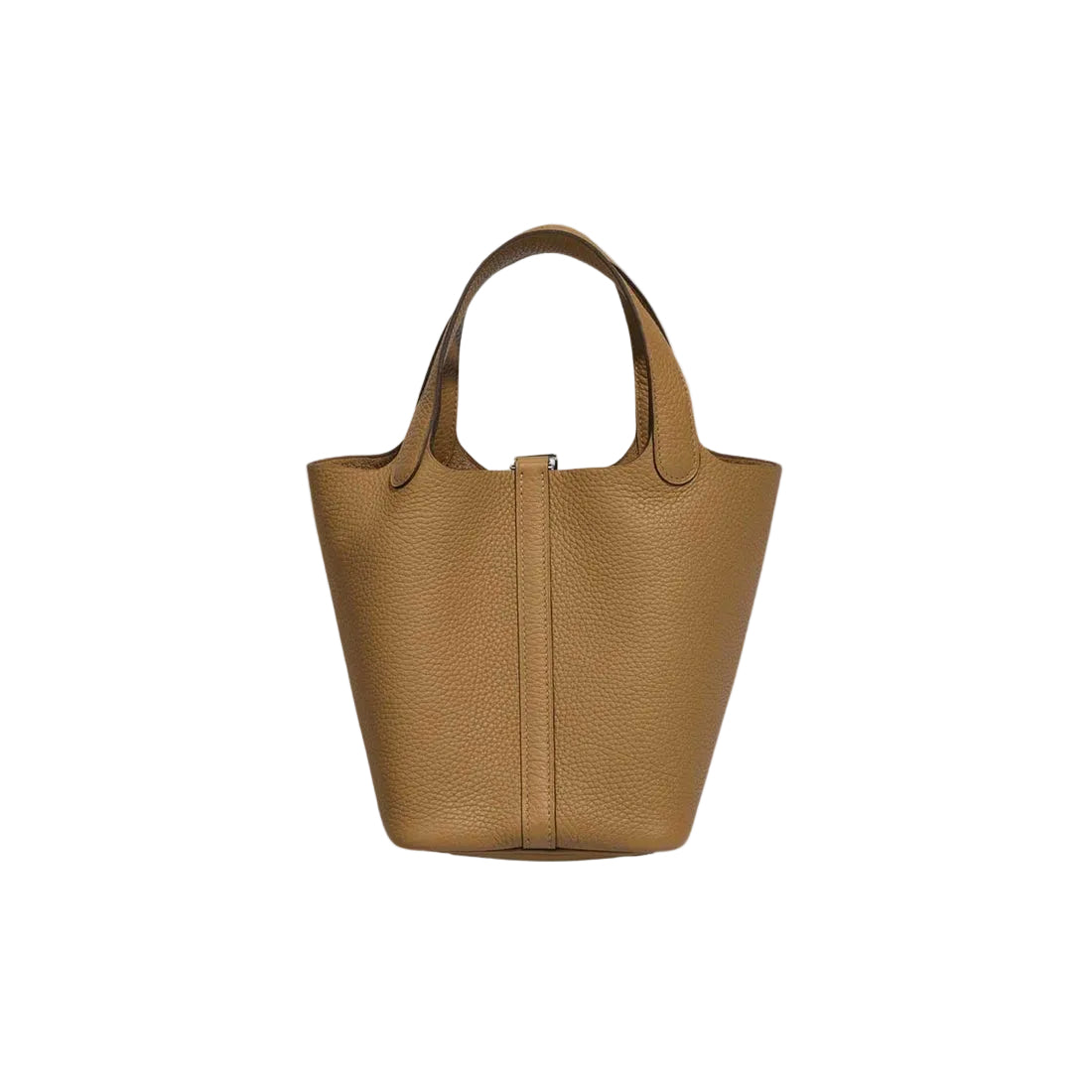 A tan pebbled leather handbag with dual top handles and a vertical front strap detail, shown against a plain light gray background.