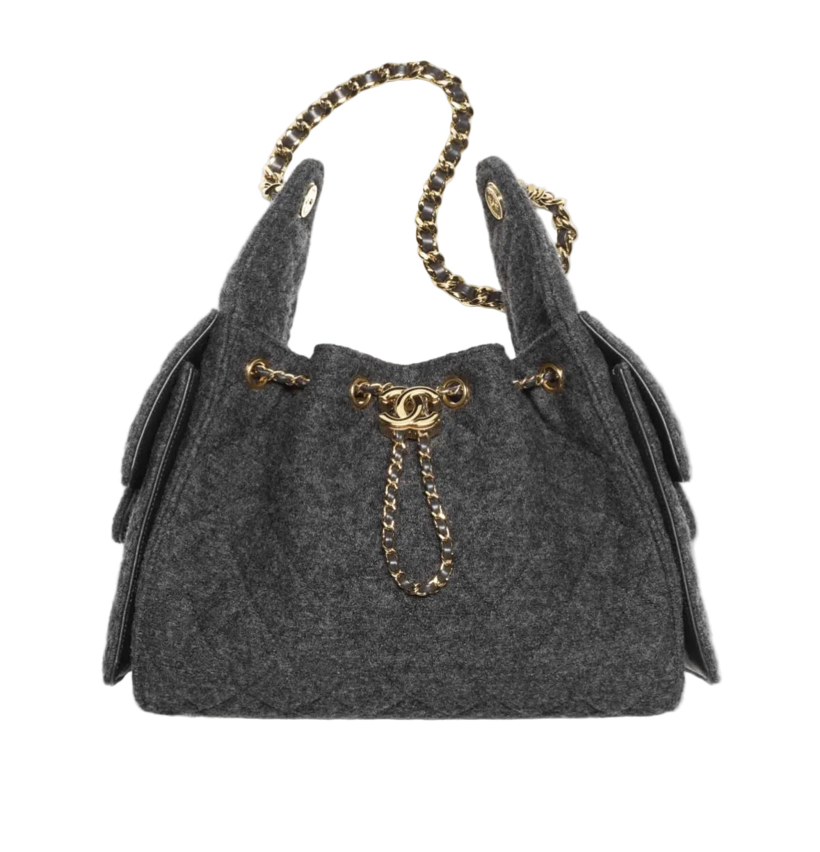 A dark gray quilted felt handbag with gold-tone chain handles and a central chain detail featuring a double-C logo, photographed on a clean white background.