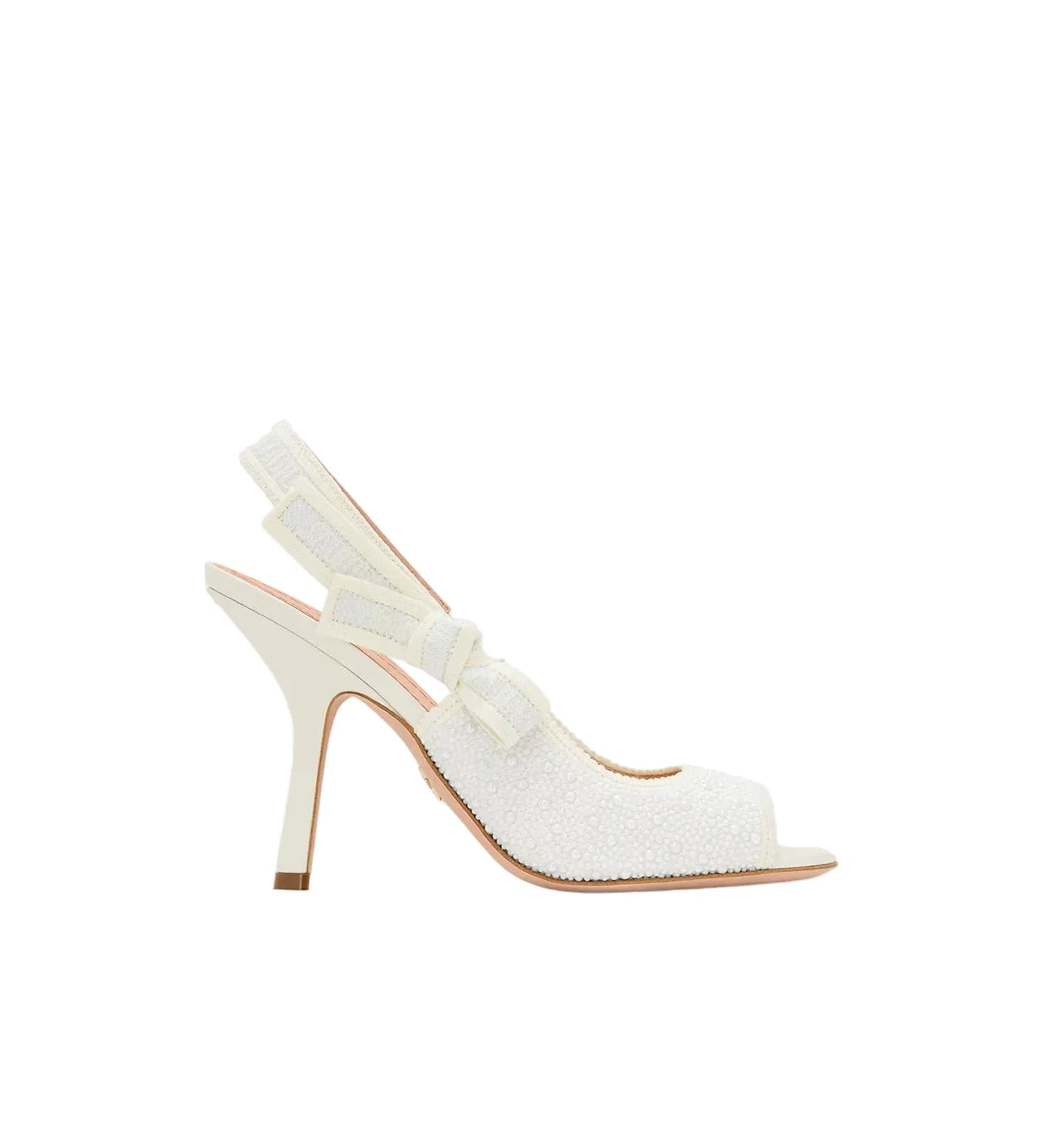 White high-heeled shoe with a slingback design on a light gray background