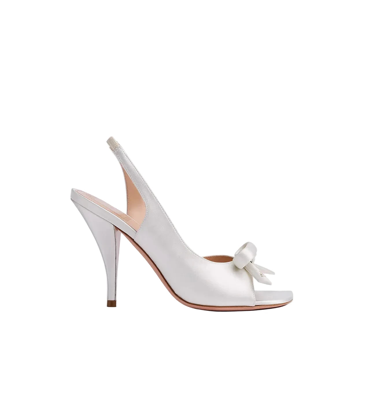 White high-heeled shoe with a bow on a light gray background