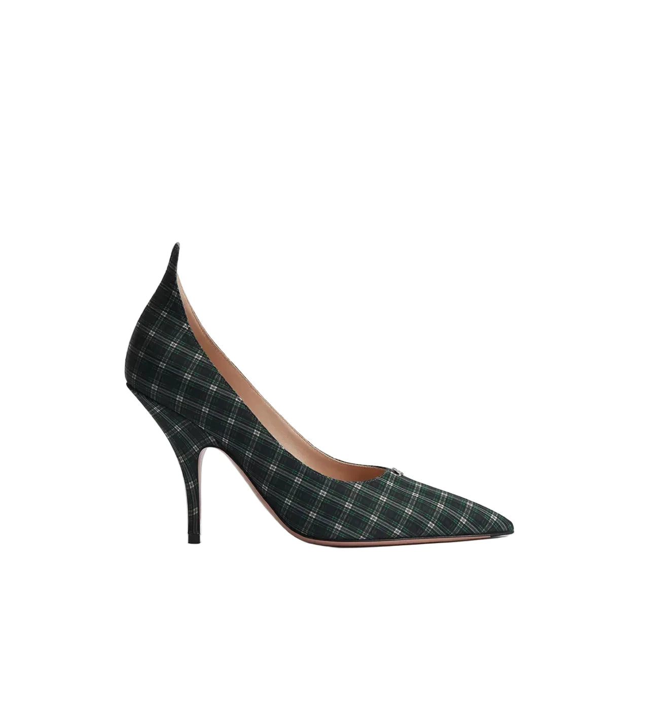 A single dark green and black plaid pointed-toe pump with a slim high heel, shown in profile against a light gray background.