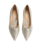 A pair of pointed-toe Christian Dior pumps covered in shimmering silver rhinestones, featuring a matching silver rhinestone leaf detail on the instep, set against a clean light gray background.