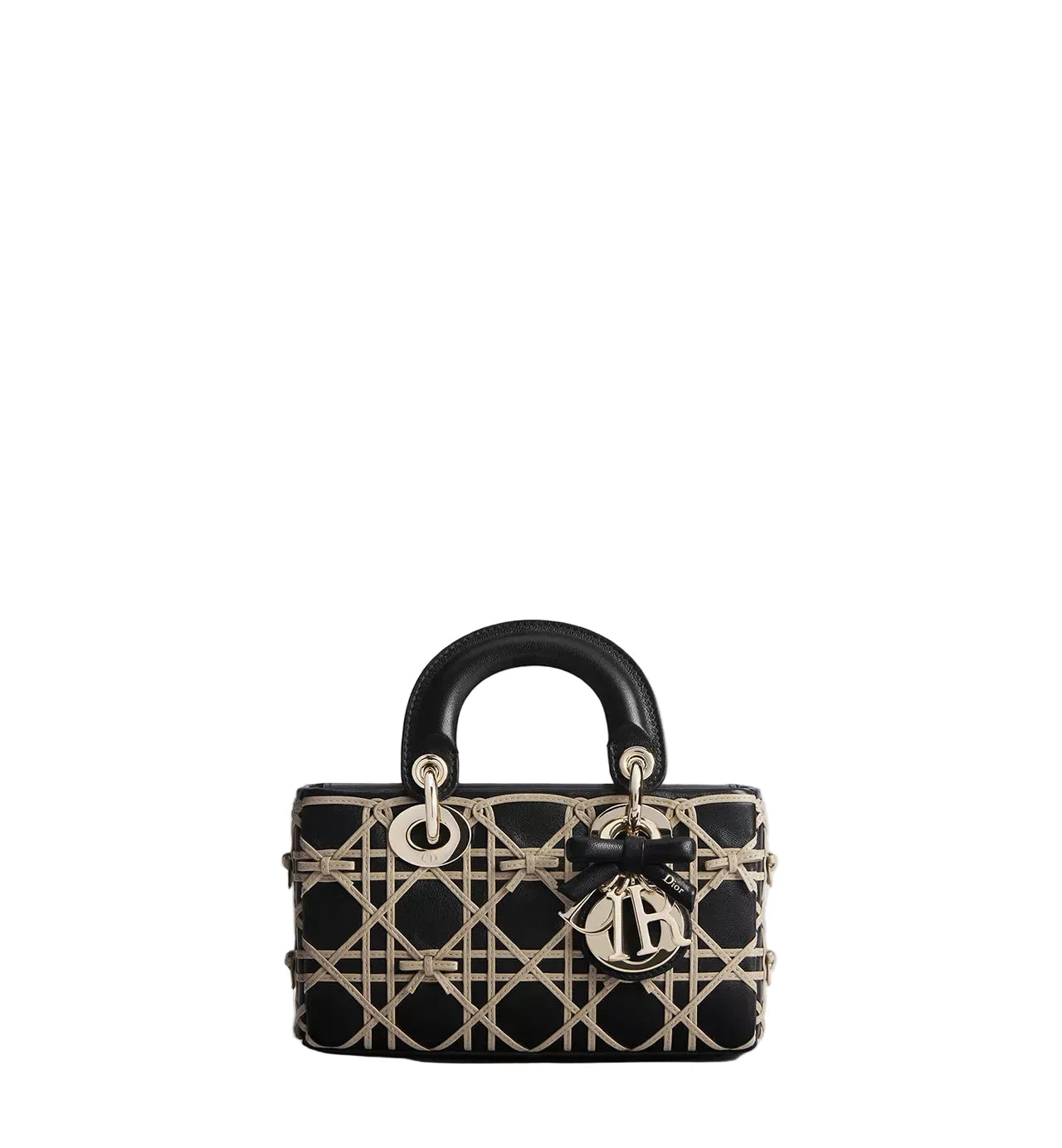 Black handbag with gold accents on a light gray background