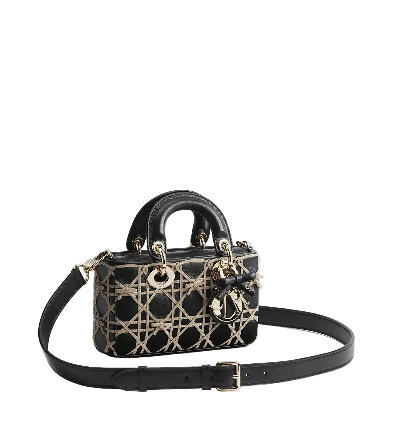 Black handbag with gold accents on a light gray background
