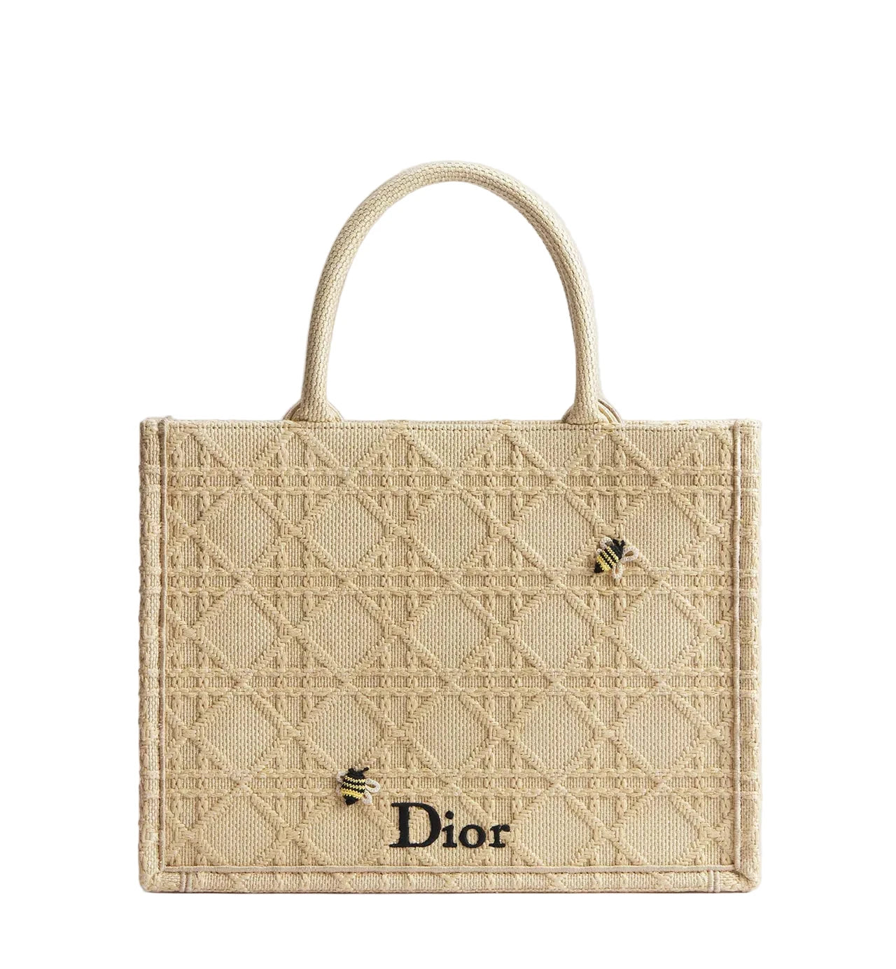 Beige textured handbag with 'Dior' logo on a light gray background