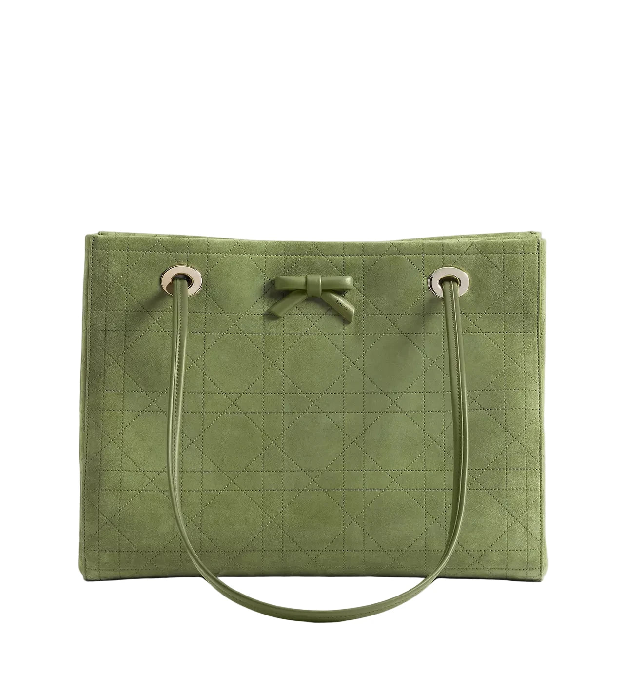 An olive green quilted tote bag with a matching fabric bow at the top center, silver-tone grommets, and a single shoulder strap, photographed against a light gray studio background.