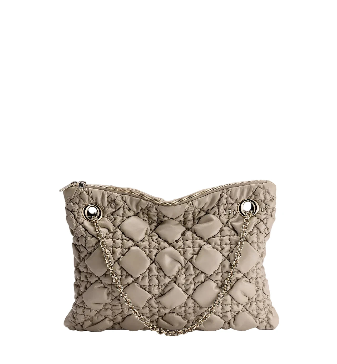 Quilted beige handbag with chain detail on a light gray background