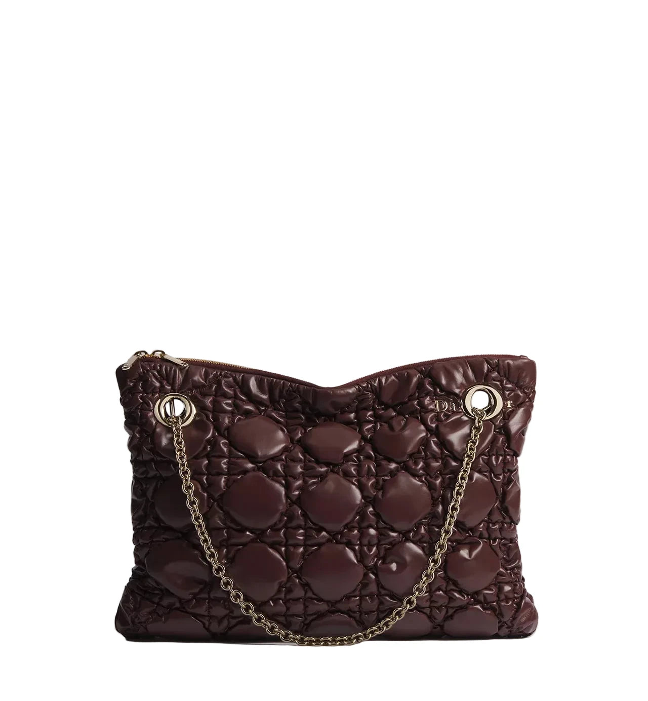 Brown quilted handbag with gold chain strap on a light gray background