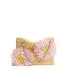 A yellow textured clutch bag featuring two large pink feathered flower appliqués and a silver chain strap, photographed on a clean white background.