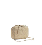 Gold beaded handbag on a light gray background