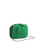 Green handbag with chain detail on a light gray background