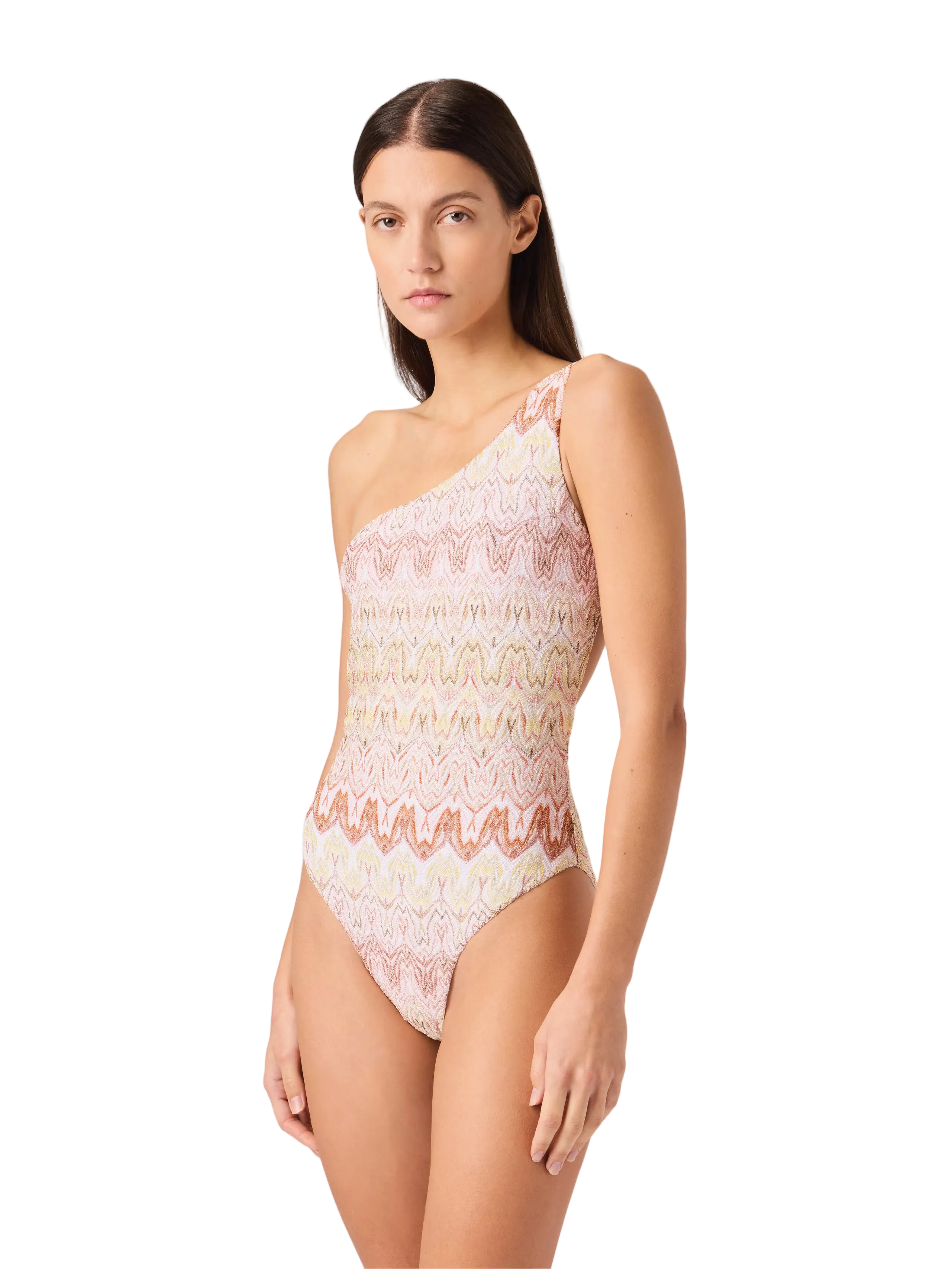 Woman wearing a one-shoulder lace swimsuit on a white background