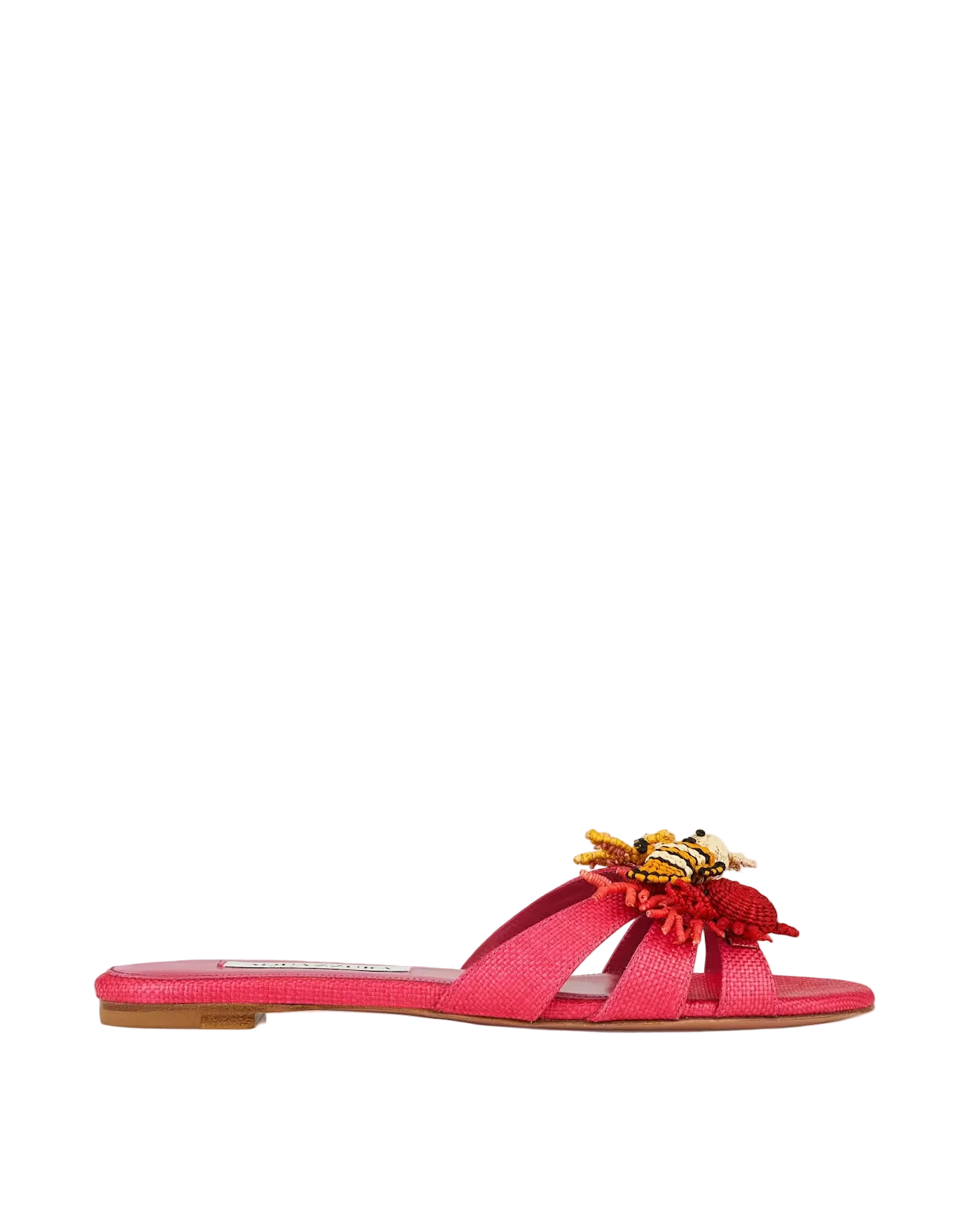 Pink sandal with floral detail on a white background