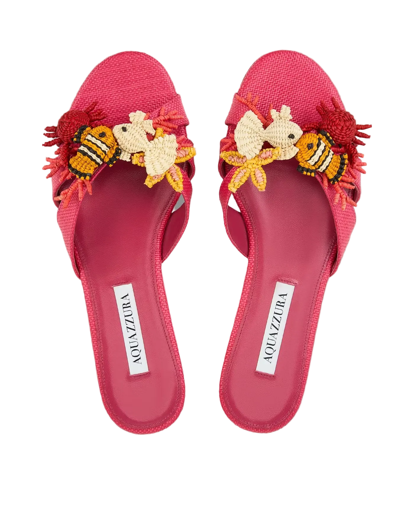 Red sandals with floral and bee decorations on a white background