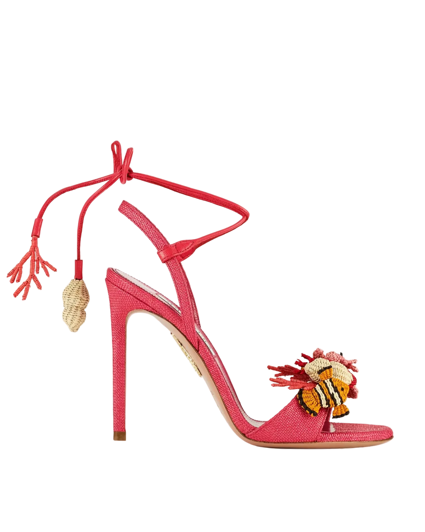 Pink high-heeled sandal with tassel and embellishments on a white background