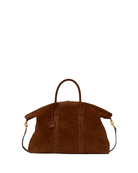 Brown leather handbag on a white background