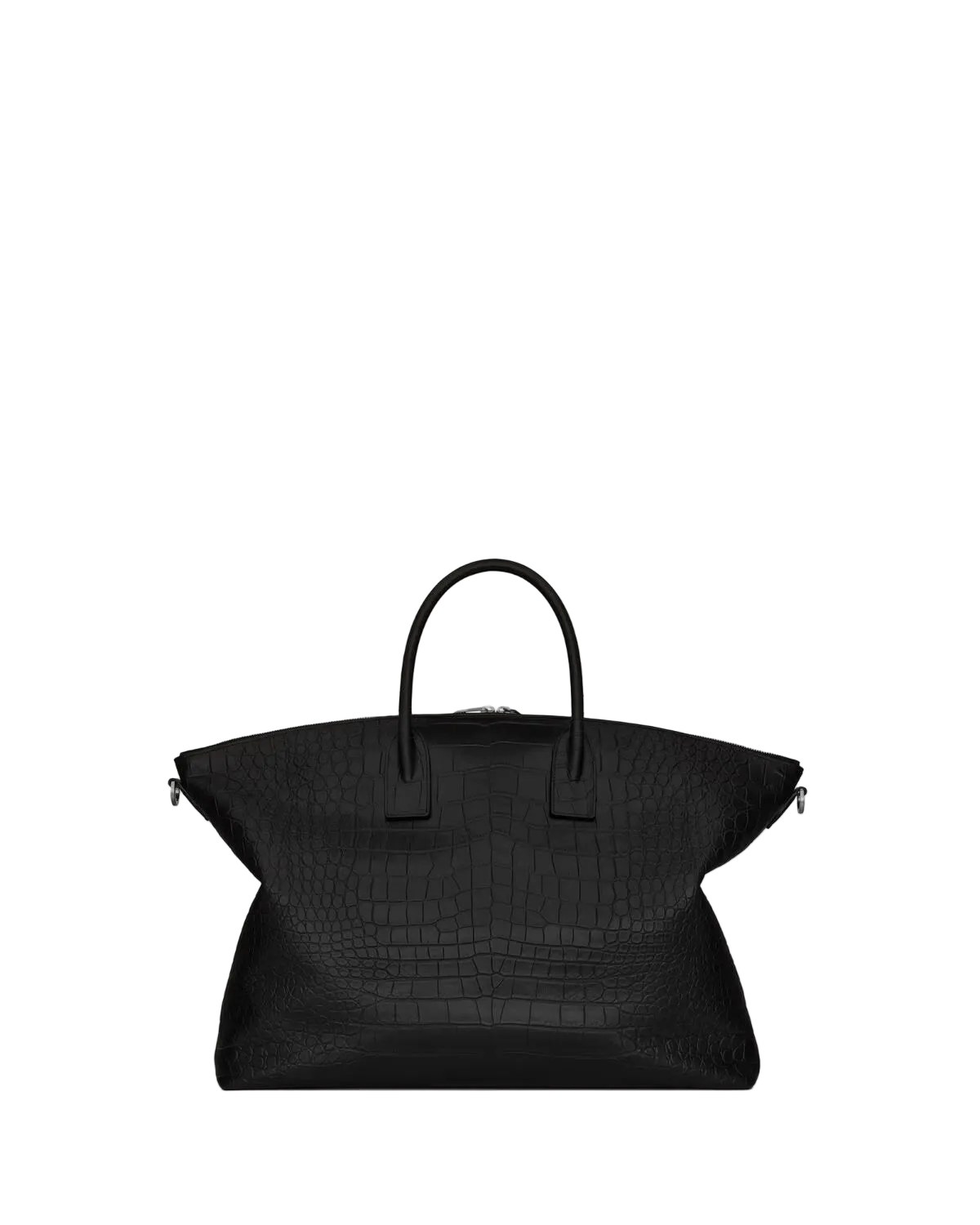 Black textured handbag on a light gray background