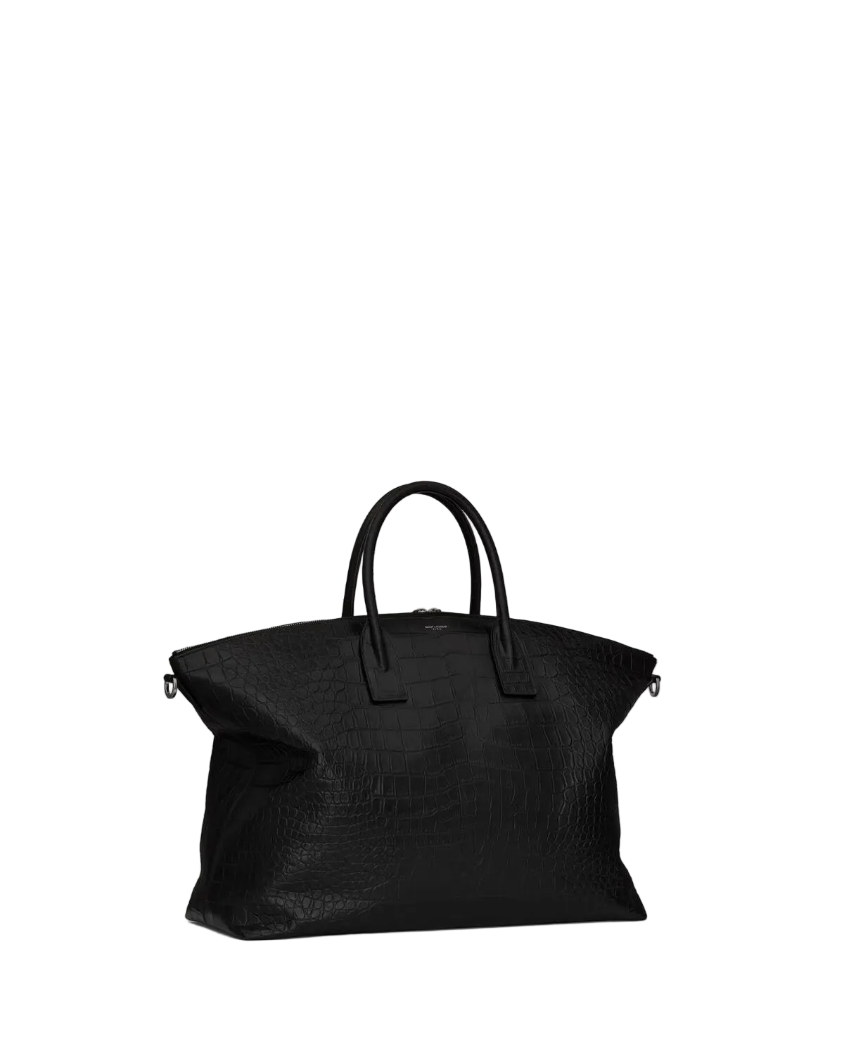 Black leather handbag on a white background