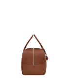Brown leather backpack with a gold zipper on a white background
