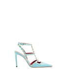 Light blue high-heeled shoe with gold accents on a white background