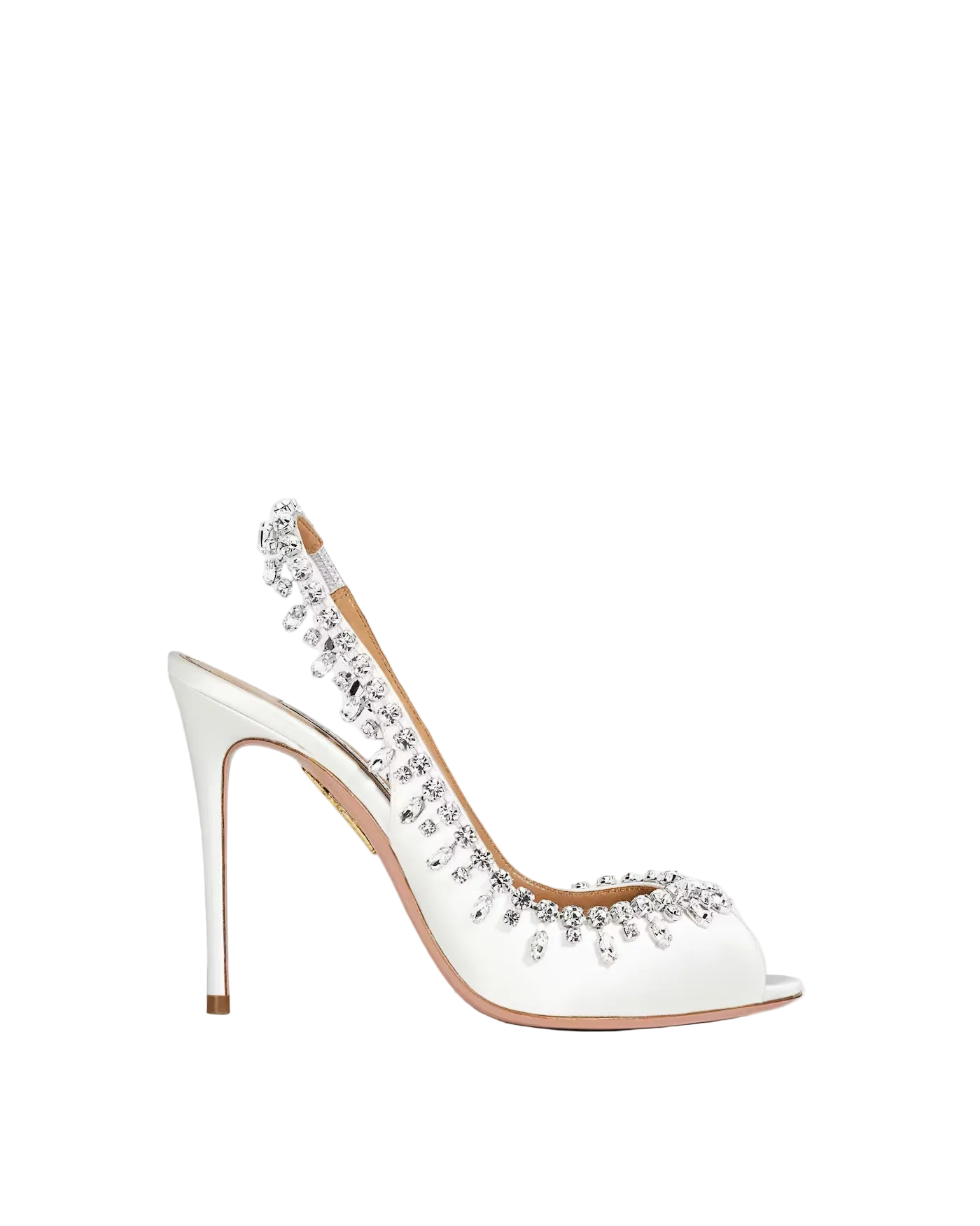White high-heeled shoe with crystal embellishments on a light gray background