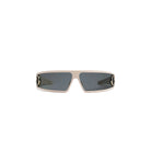 A pair of square shield-style sunglasses with a matte light beige frame and dark gray lenses, shown against a light gray background.