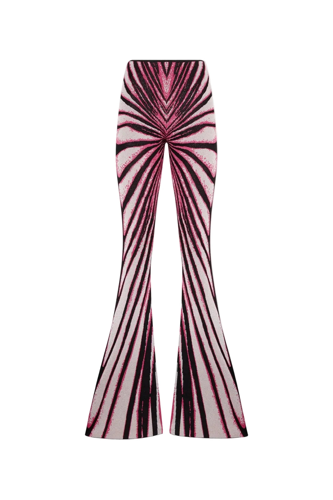 A pair of high-waisted flared pants featuring a bold, symmetrical spiral stripe pattern in black, magenta, and white, presented on a clean white background.
