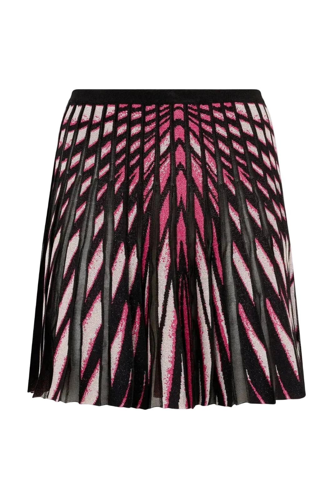 A pleated A-line mini skirt featuring a bold geometric pattern in black, hot pink, and white, displayed against a light gray background.