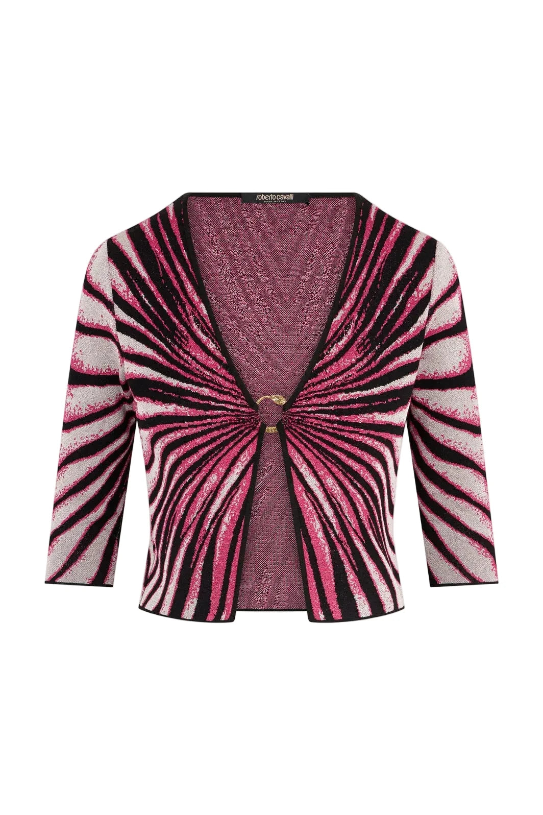 A women's three-quarter sleeve cardigan featuring a vibrant pink, black, and white zebra-like striped pattern that converges toward a central knot closure, shown against a plain light gray background.